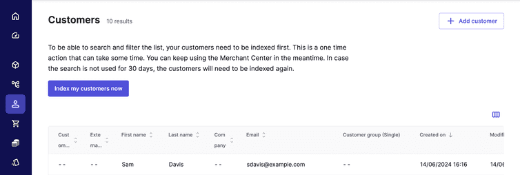 Customer list screen showing new Customer.