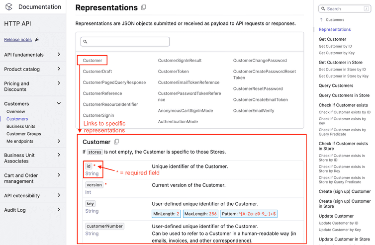 Representations section on the Customer reference page.