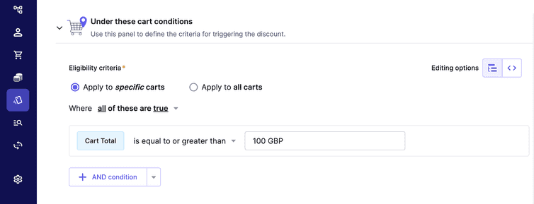 Configuration of a Product Discount rule.