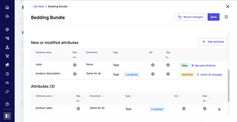 List of new and modified Attributes on a Product Type.