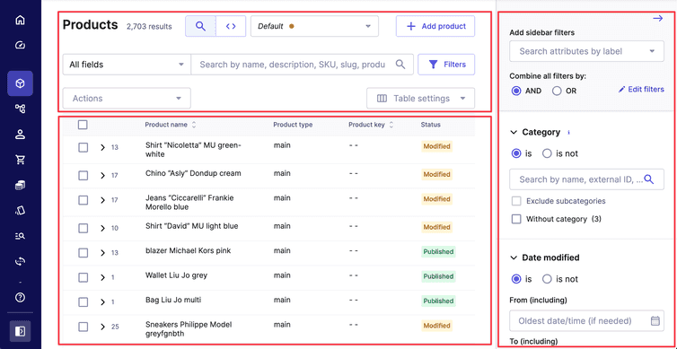 Layout of the Products interface with search and filter functionalities.