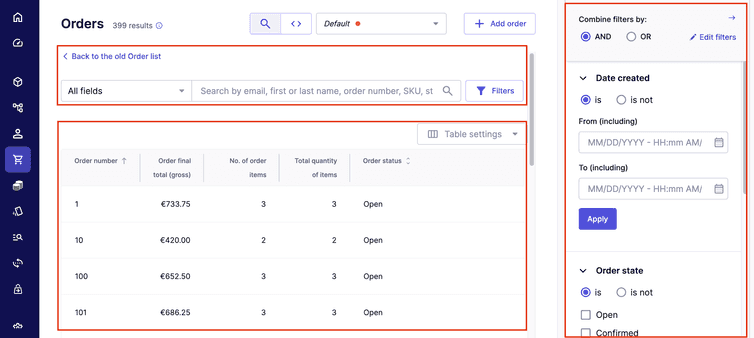 Layout of the Orders interface with search and filter functionalities.