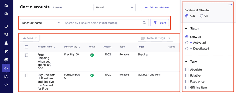 Layout of the Discounts interface with basic search and filter functionalities.