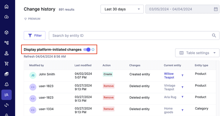 Toggle to exclude platform-initiated changes from the table.