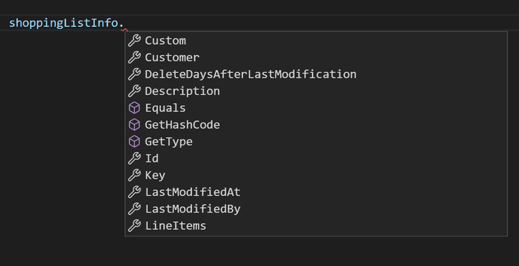 Screenshot of autocomplete for ShoppingList object