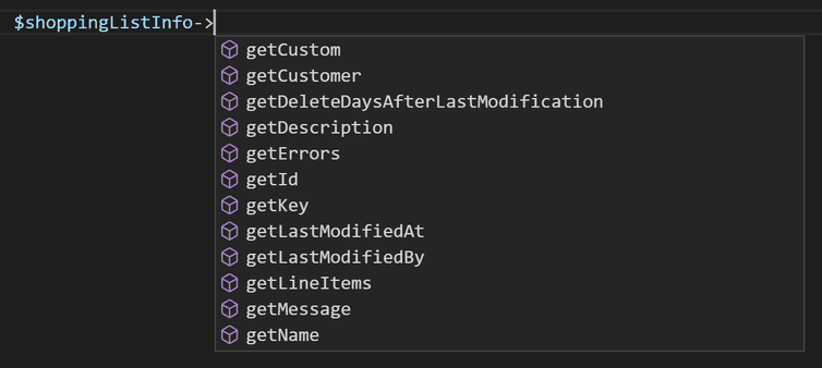 Screenshot of autocomplete for ShoppingList object