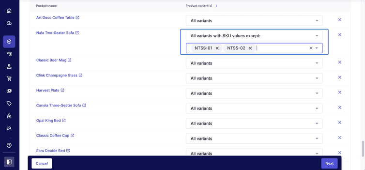 Add product except SKUs NTSS-01 and NTSS-02